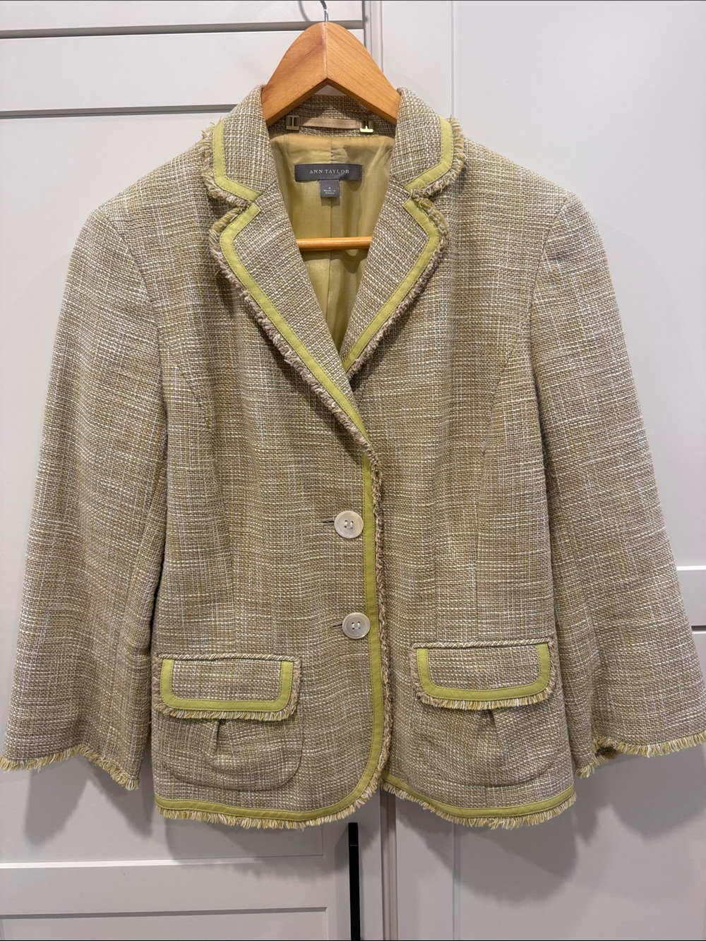 Ann Taylor Beige Tweed Blazer with Lime Trim